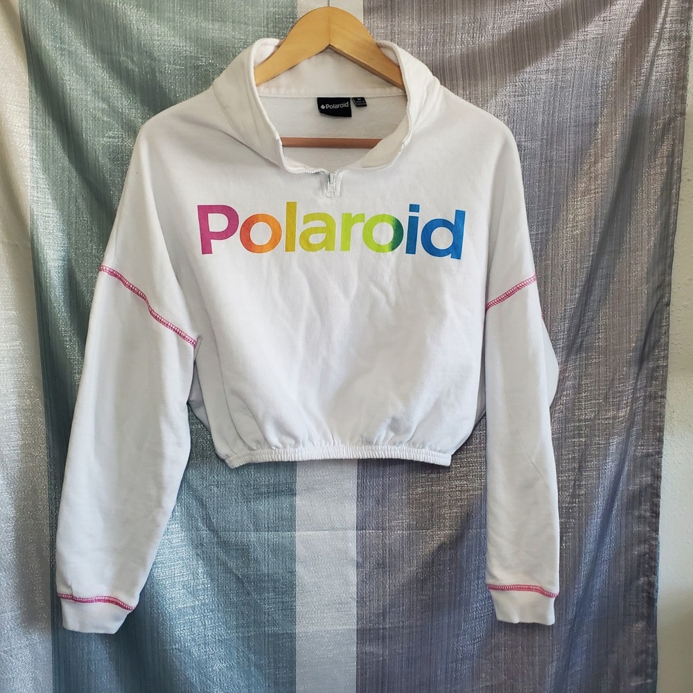 Polaroid Womens White Rainbow Logo Cropped Quarter Zip Sweatshirt M Pride Retro